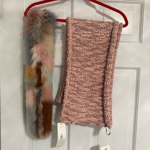 Pink Knit Scarf with Multicolor Fur Pom by [Brand]